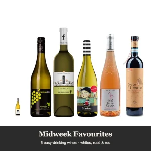 Midweek Favourites mixed wine case of 6: Rabbit Island, Curious Kiwi, Famille Fabre l'Instant Sauvignon Blanc, Marieta Albariño, Petite Croix Rosé d'Anjou and Coste di Moro Montepulciano