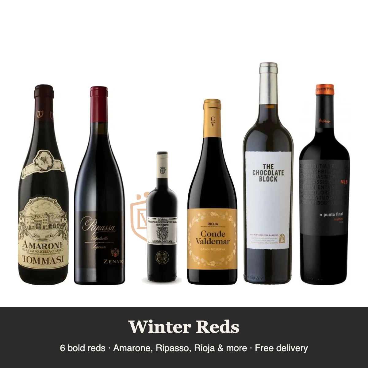 Winter Reds Wine Case, 6 bottles: Amarone, Ripasso, Rioja Reserva, Rioja Gran Reserva, The Chocolate Block and Malbec
